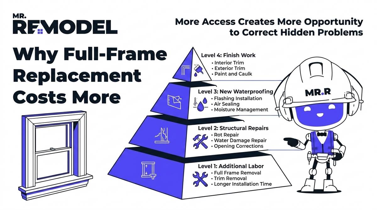 Multi-layer infographic explaining the four major reasons full-frame replacement costs more than insert replacement.